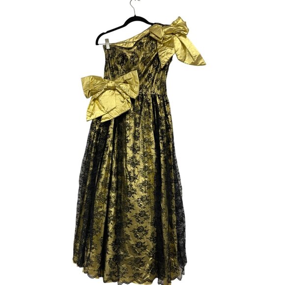 Vintage 80s Evening Glam Dress Gold Black Lace Floral BIG Bows One Shoulder XS - Picture 1 of 6
